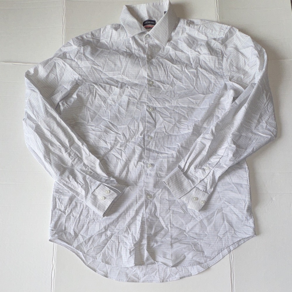 Van Heusen Slim Fit Stretch Stain Shield Dress Shirt L 34/35 White/Gray Geo